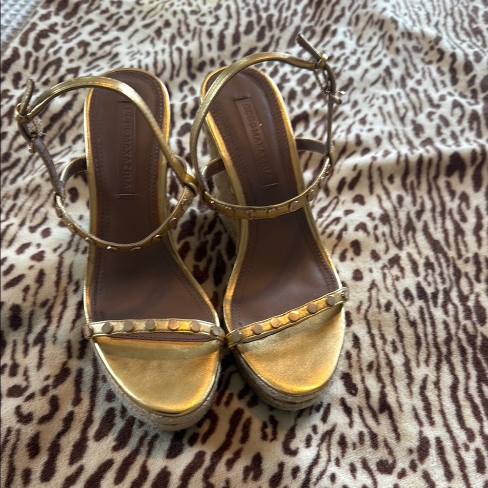 BCBGMaxAzria Gold Wedge Shoes with Metallic Finish